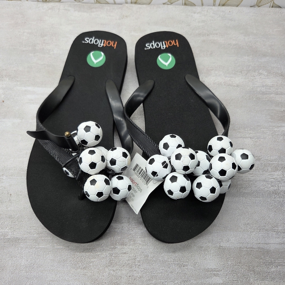 Soccer Sport Flops NWT Black Flip Flops Soccer Balls Women Size 10